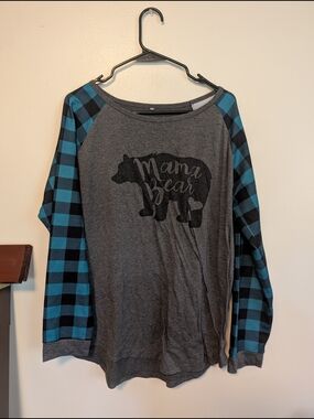 Mama Bear Graphic Raglan Top - Teal/Black Plaid Sleeves